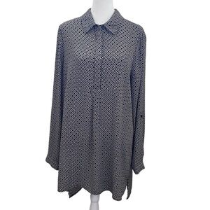 Pleione Stylish Black and White Patterned Long Tunic Blouse. Size XL. 1/4 button